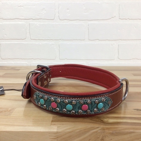 Mad Cow genuine leather jewelry dog collar handmade red pink turquoise studded - Picture 4 of 14